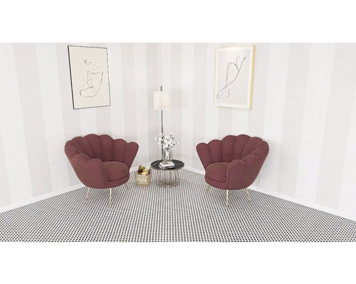 Cameră de colț cu două fotolii în formă de scoică, măsuță laterală, lampadar și opere de artă pe perete