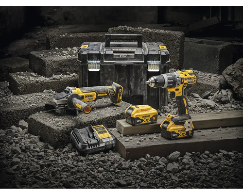 Set de scule DeWalt cu cutie de scule, șurubelniță cu acumulator, polizor unghiular cu acumulator și încărcător