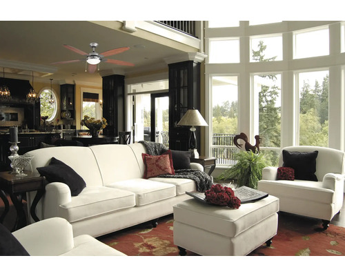 Living cu ventilator de tavan, canapea, fotoliu și ferestre