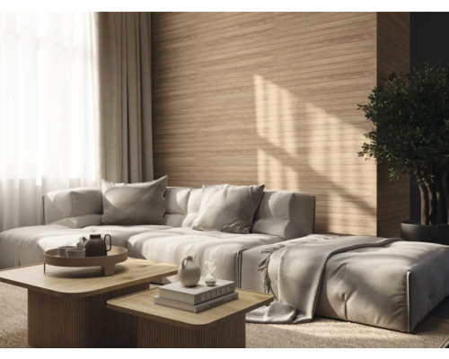 Cameră de zi cu canapea modulară, măsuțe de cafea din lemn și placare decorativă pentru pereți