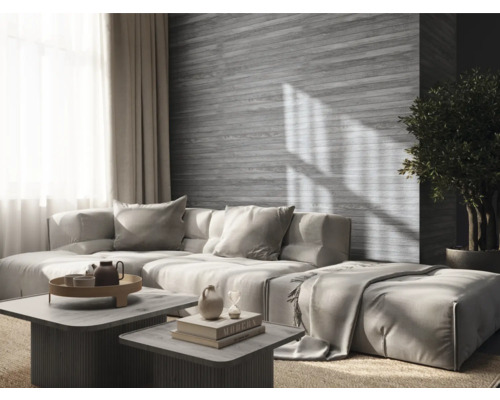 Cameră de zi cu canapea mare, măsuțe de cafea și plantă de interior