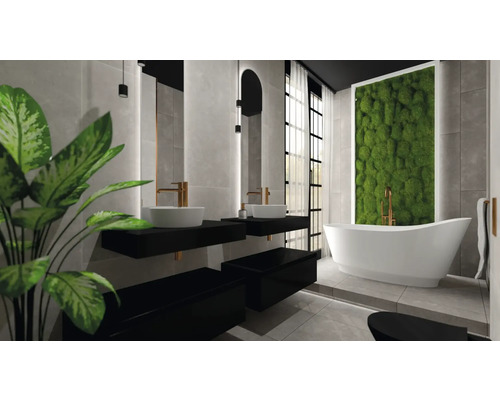 Baie luminoasă cu lavoar dublu, cadă și perete de mușchi