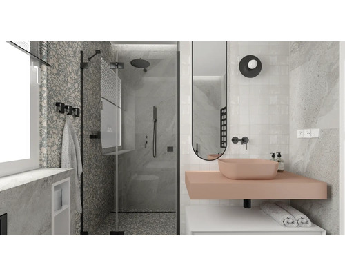 Baie modernă cu duș, chiuvetă și oglindă