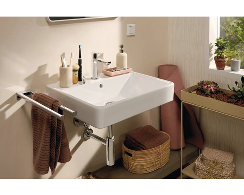 Baie modernă cu lavoar, suport pentru prosoape și elemente decorative pentru un ambient stilat