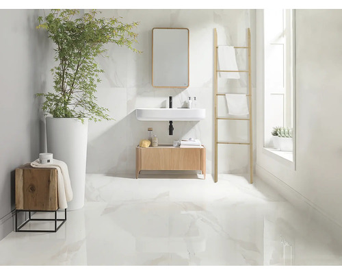 Baie luminoasă cu chiuvetă, oglindă, scară pentru prosoape și plantă