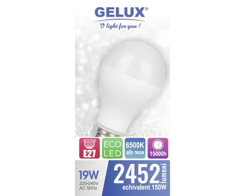 Siglă Gelux. Bec LED E27 cu 19 wați, 2452 lumeni și 6500 kelvini.