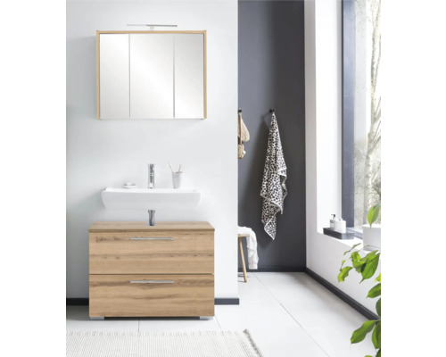 Baie cu dulap de bază pentru lavoar, lavoar aplicat și dulap cu oglindă