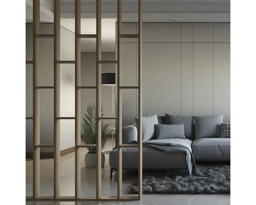 Living cu separator de cameră din lemn, canapea și covor