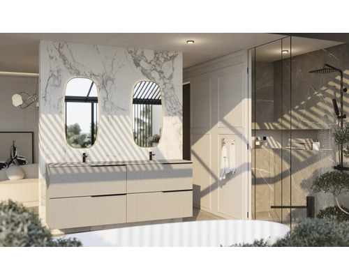 Baie cu lavoar dublu, oglinzi ovale și cabină de duș