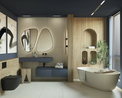 Baie modernă cu cadă independentă, chiuvetă, oglindă și toaletă.