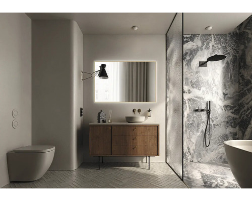 Baie modernă cu toaletă, dulap de bază pentru lavoar, oglindă și duș