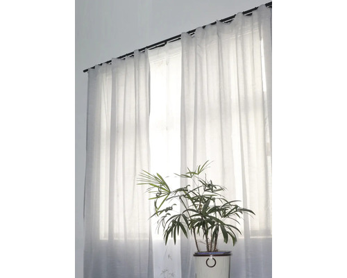 Fereastră cu perdele transparente și plantă de interior