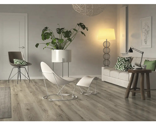 Cameră de zi luminoasă cu ușă, scaune, plantă, lampă de podea și canapea pe podea laminată.