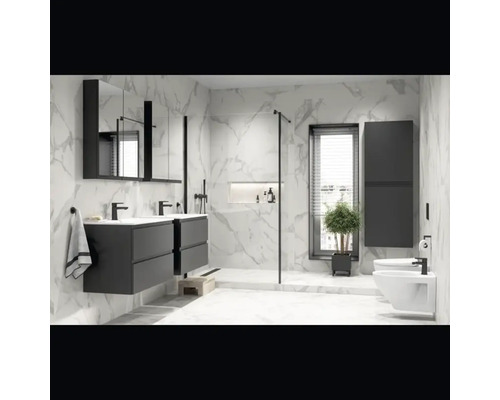 Baie modernă cu lavoar dublu, duș și toaletă în gri și alb