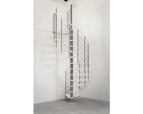 Scară spiralată cu balustradă metalică într-un interior.