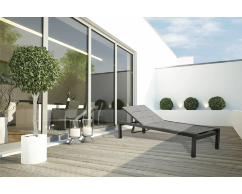 Terasa cu șezlong, plantă și decorațiuni