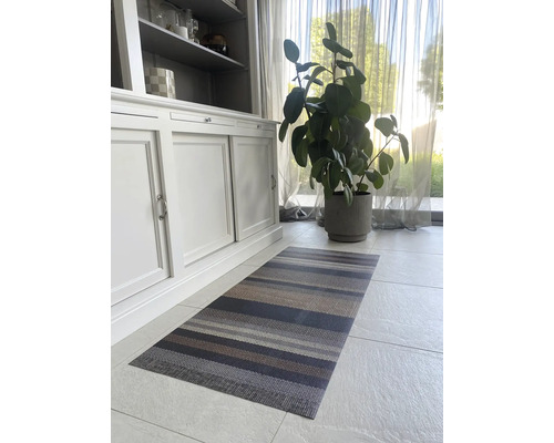 Fotografie de interior cu un covor cu dungi în fața unui dulap și a unei plante de interior.
