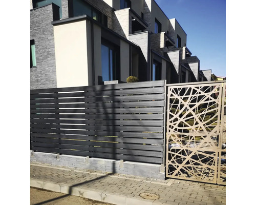 Împrejmuire cu gard și poartă decorativă de grădină în fața unor case