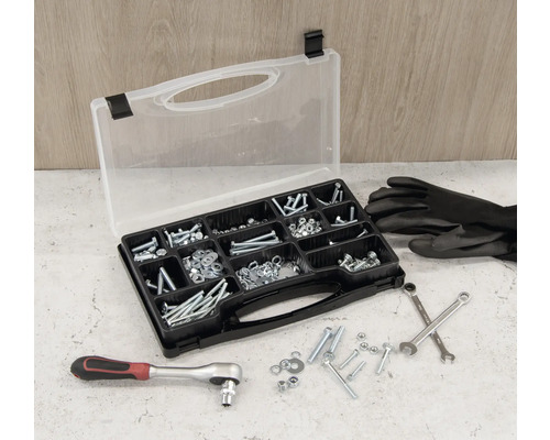 Cutie de sortiment cu șuruburi, piulițe, șaibe, cheie cu clichet, cheie fixă și mănuși de lucru