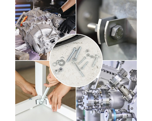 Colaj de asamblare cu diverse elemente mecanice și de fixare.