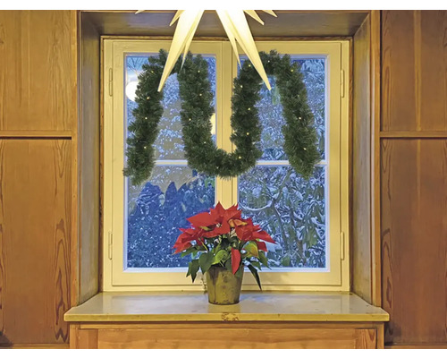 Fereastră decorată cu stea de Crăciun, ghirlandă și floare de Crăciun