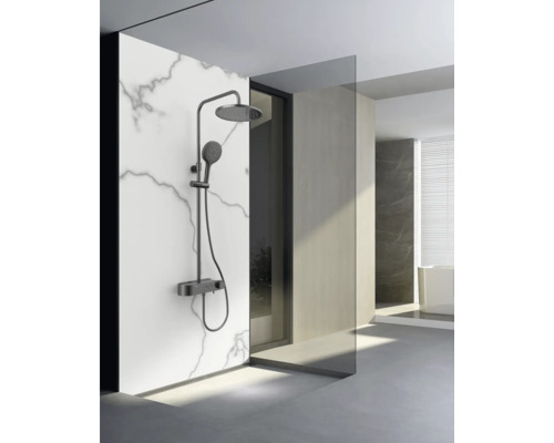 Sistem de duș cu duș fix și duș mobil într-o baie modernă.