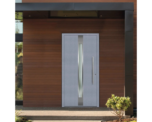 Ușă de intrare modernă cu inserție de sticlă și mâner lung