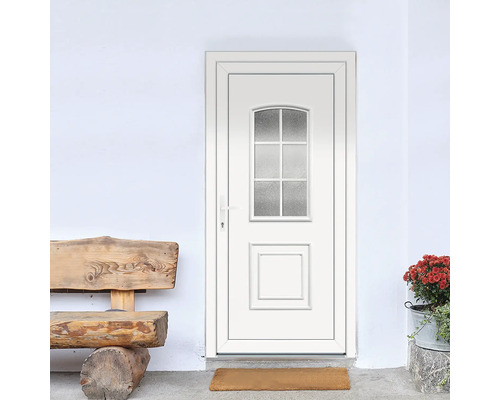 Ușă de intrare albă cu inserție de sticlă și bancă de lemn