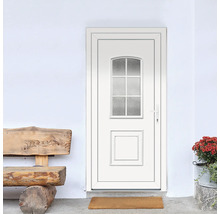 Ușă de intrare albă cu inserție de sticlă și bancă de lemn în fața unui perete