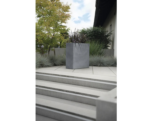 Jardinieră pătrată din beton, la exterior, pe o terasă cu scări.