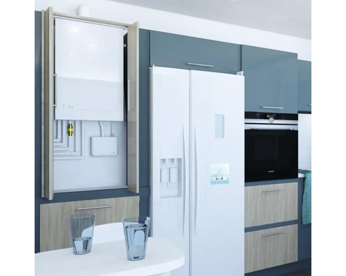 Bucătărie modernă cu dulapuri de bucătărie, frigider și centrală termică în spatele unei uși de dulap.