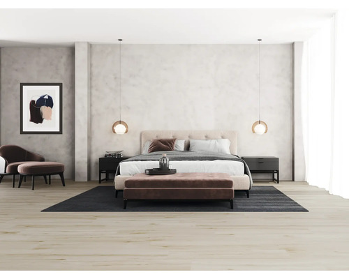 Dormitor cu pat, noptiere, covor și decorațiuni