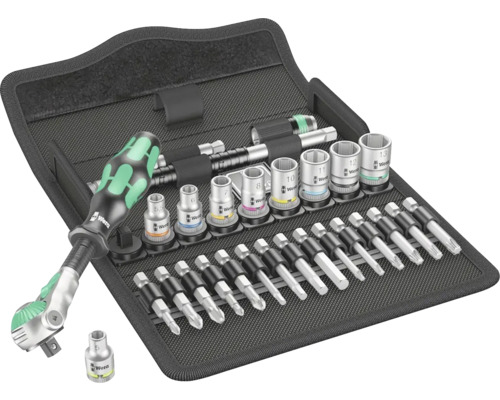 Set de scule Wera cu șurubelniță, chei tubulare și biți într-o geantă neagră