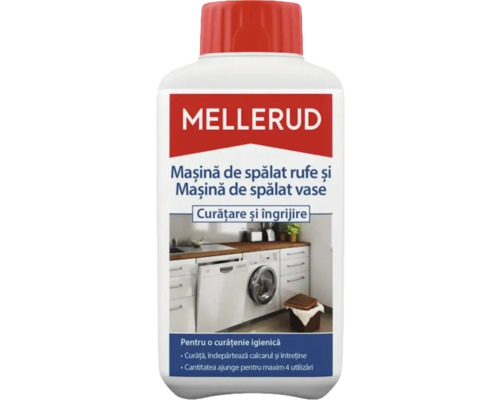 Soluție curățat mașini de spălat Mellerud 0,5L Detergent Mellerud pentru mașini de spălat rufe și vase în flacon de plastic alb