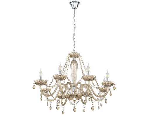 Candelabru vintage Basilano E14 max. 8x40W, crom/sticlă coniac Candelabru cu opt brațe și decorațiuni din cristal