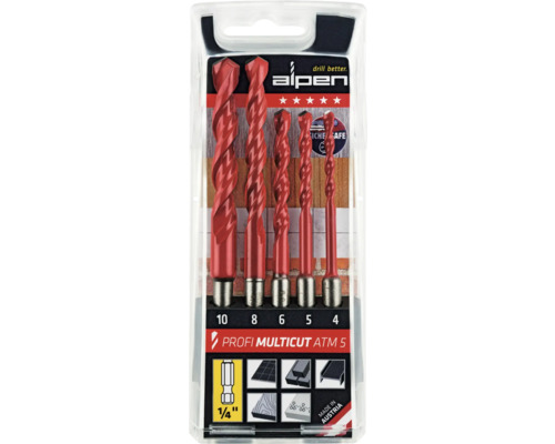 Set burghie multifuncționale Alpen Ø4-10 mm, 5 piese, Profi Multicut, cu hexagon Set de burghie Alpen Profi Multicut ATM 5, 5 piese, dimensiuni de la 4 la 10 milimetri