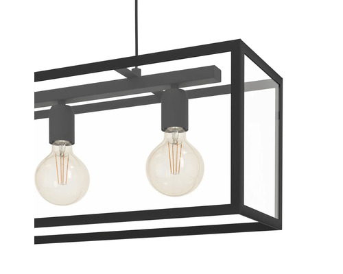 Lumină suspendată rectangulară cu becuri într-un cadru negru