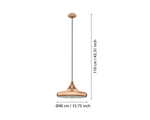 Lampa suspendată cu diametrul de 40 cm și înălțimea de 110 cm.