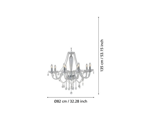 Candelabru din cristal cu opt lumini, diametru 82 cm, înălțime 135 cm.
