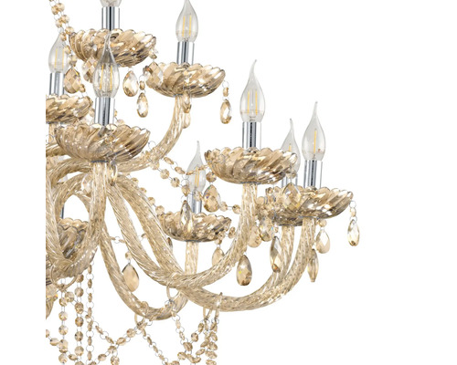 Vizualizare detaliată a unui candelabru cu becuri și pandantive de cristal