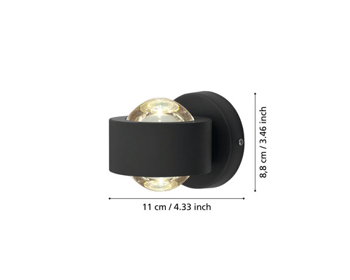 Lampă de perete neagră cu două becuri și dimensiuni