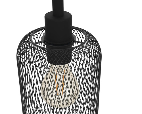 Lampa suspendată cu plasă metalică neagră și bec