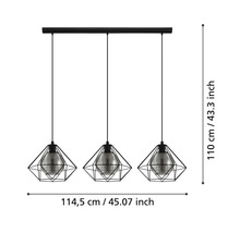 Lumină suspendată cu trei becuri în design geometric și dimensiuni