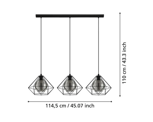 Lumină suspendată cu trei becuri în design geometric și dimensiuni