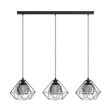 Lampa suspendată cu trei abajururi geometrice și cadru metalic