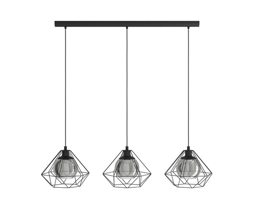 Lampa suspendată cu trei abajururi geometrice și cadru metalic