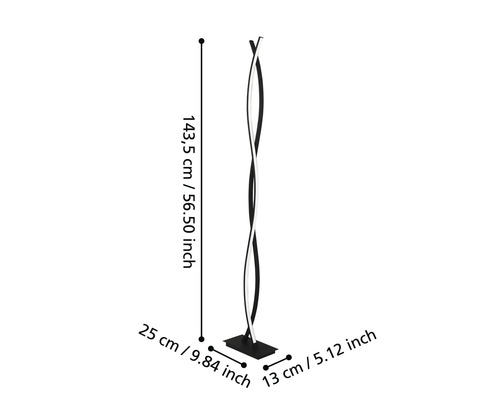 Lampă de podea cu dimensiunile 143,5 cm înălțime, 25 cm lungime și 13 cm lățime.