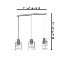 Lampa suspendată cu trei becuri și cuști de sârmă, lungime 93 cm, înălțime 110 cm