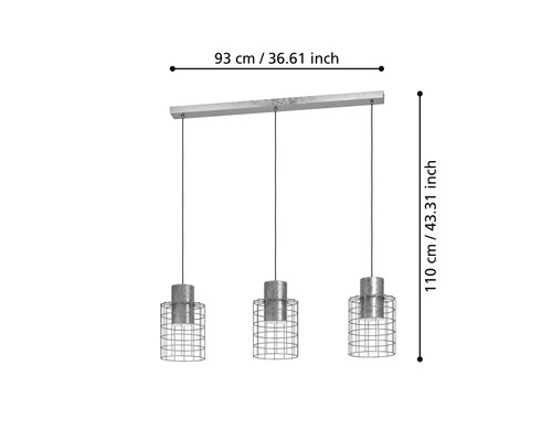 Lampa suspendată cu trei becuri și cuști de sârmă, lungime 93 cm, înălțime 110 cm