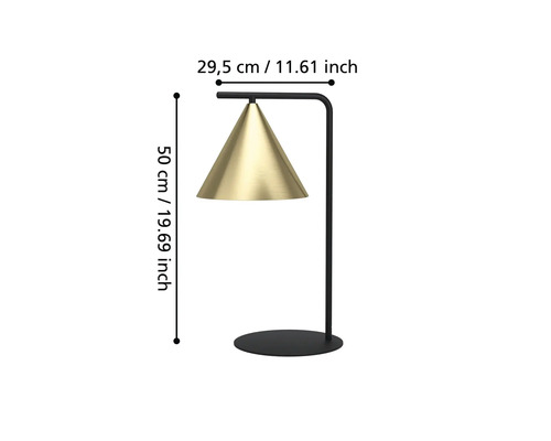 Lampă de masă cu abajur conic și specificații de dimensiuni